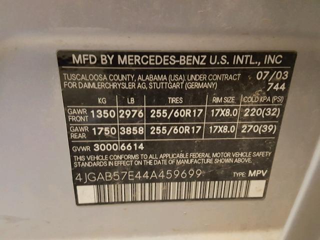 4JGAB57E44A459699 - 2004 MERCEDES-BENZ ML 350 SILVER photo 10