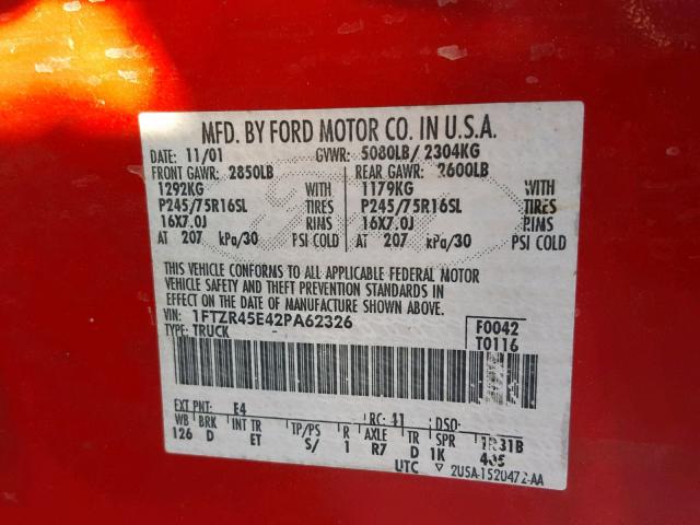 1FTZR45E42PA62326 - 2002 FORD RANGER SUP RED photo 10