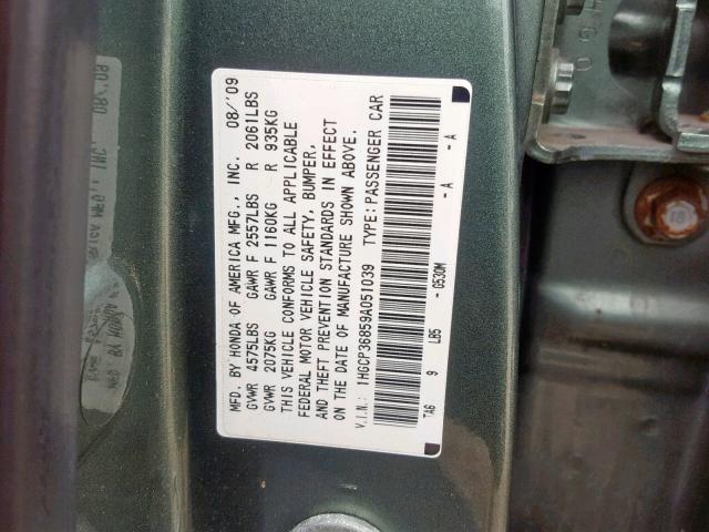 1HGCP36859A051039 - 2009 HONDA ACCORD EXL GREEN photo 10