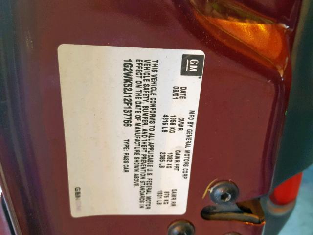 1G2WK52J12F137766 - 2002 PONTIAC GRAND PRIX MAROON photo 10