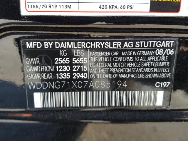 WDDNG71X07A085194 - 2007 MERCEDES-BENZ S 550 BLACK photo 10