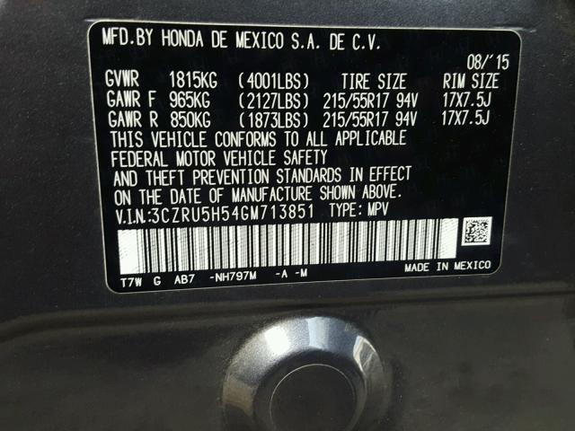 3CZRU5H54GM713851 - 2016 HONDA HR-V EX CHARCOAL photo 10