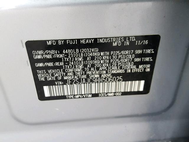 JF2SJAJC9HH506025 - 2017 SUBARU FORESTER 2 SILVER photo 10