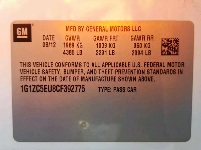 1G1ZC5EU8CF392775 - 2012 CHEVROLET MALIBU 1LT WHITE photo 10