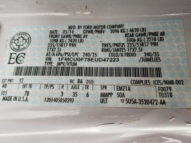 1FMCU0F78EUD47223 - 2014 FORD ESCAPE S WHITE photo 10