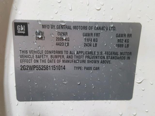 2G2WP552581151014 - 2008 PONTIAC GRAND PRIX WHITE photo 10