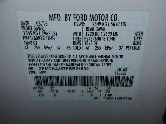 2FMTK4J87FBB21632 - 2015 FORD EDGE SEL WHITE photo 10