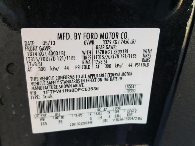 1FTFW1R68DFC63636 - 2013 FORD F150 SVT R BLACK photo 10