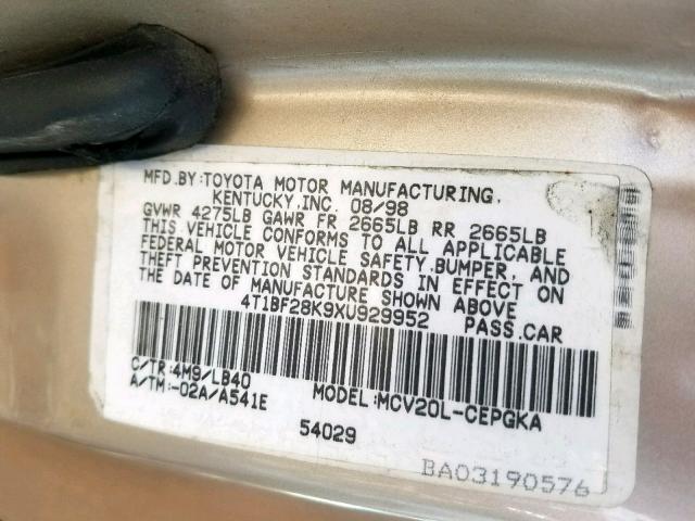 4T1BF28K9XU929952 - 1999 TOYOTA CAMRY LE GOLD photo 10