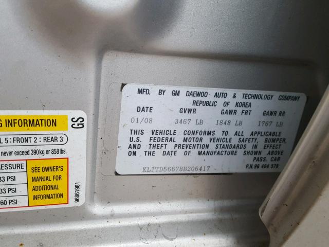 KL1TD56678B206417 - 2008 CHEVROLET AVEO BASE Gümüş foto 10