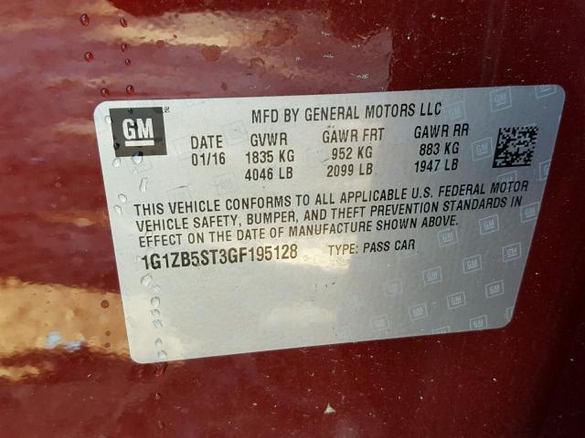 1G1ZB5ST3GF195128 - 2016 CHEVROLET MALIBU LS 勃艮第红 照片 10