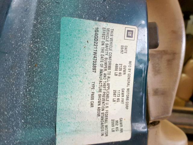 1G4GD2211W4703897 - 1998 BUICK RIVIERA TEAL photo 10
