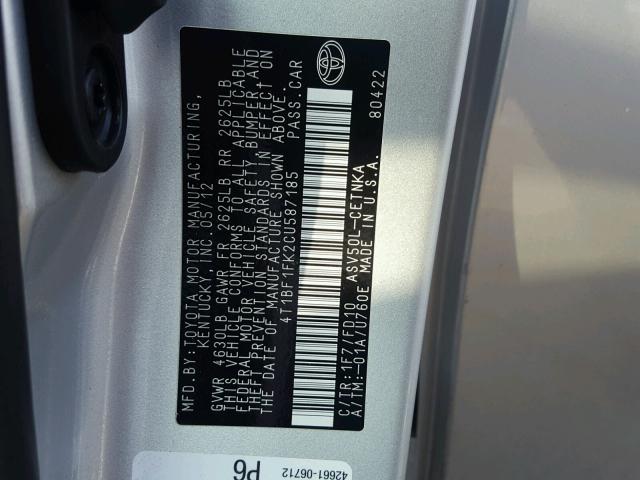 4T1BF1FK2CU587185 - 2012 TOYOTA CAMRY SILVER photo 10