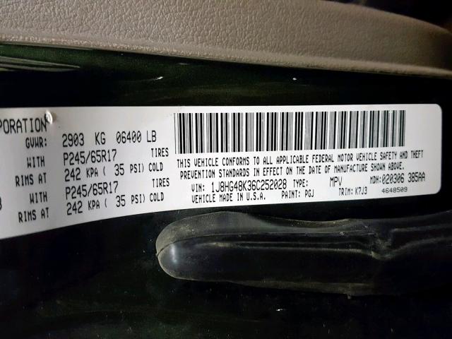 1J8HG48K36C252028 - 2006 JEEP COMMANDER მწვანე ფოტო 10