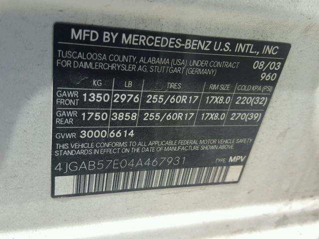 4JGAB57E04A467931 - 2004 MERCEDES-BENZ ML 350 WHITE photo 10