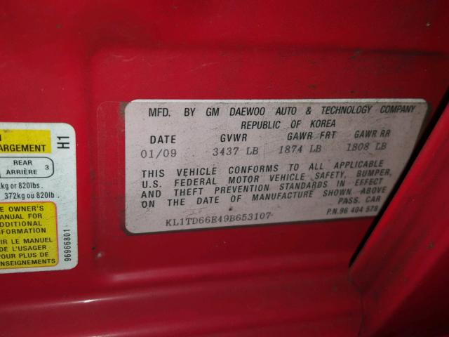 KL1TD66E49B653107 - 2009 CHEVROLET AVEO LS RED photo 10
