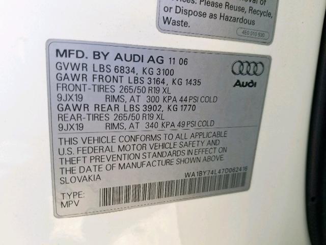 WA1BY74L47D062416 - 2007 AUDI Q7 3.6 QUA WHITE photo 10