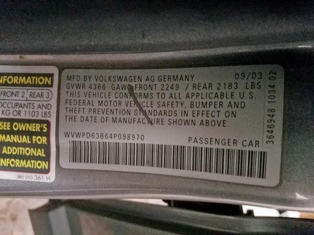 WVWPD63B64P098970 - 2004 VOLKSWAGEN PASSAT GLS SILVER photo 10