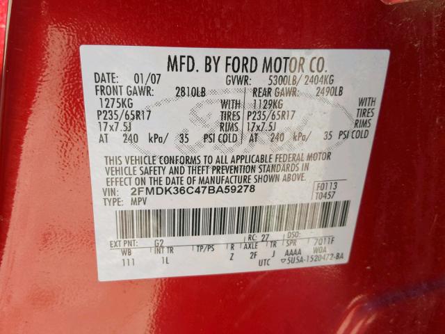 2FMDK36C47BA59278 - 2007 FORD EDGE SE RED photo 10