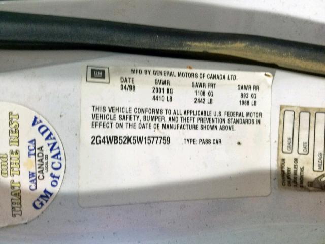 2G4WB52K5W1577759 - 1998 BUICK REGAL LS 白色 照片 10