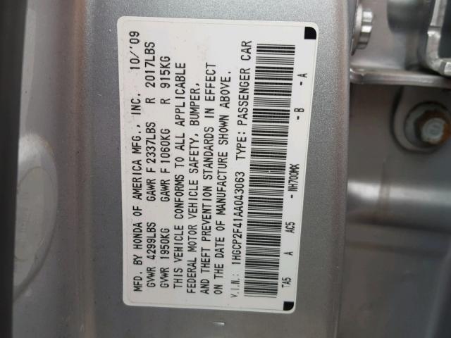 1HGCP2F41AA043063 - 2010 HONDA ACCORD LXP SILVER photo 10