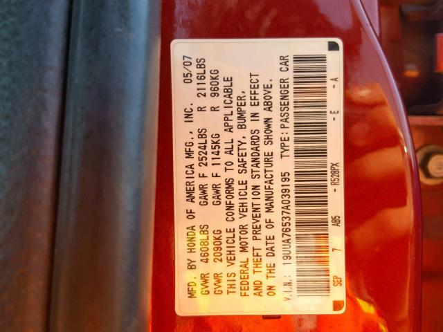 19UUA76537A039195 - 2007 ACURA TL TYPE S RED photo 10