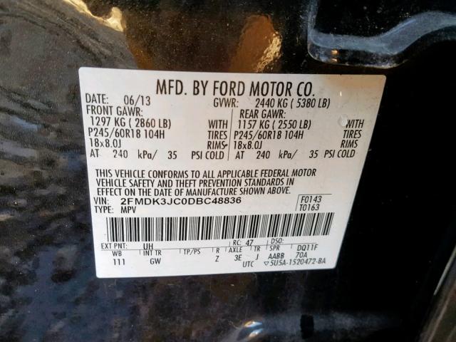 2FMDK3JC0DBC48836 - 2013 FORD EDGE SEL BLACK photo 10