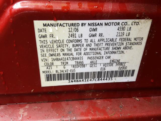 1N4BA41E47C844435 - 2007 NISSAN MAXIMA SE RED photo 10