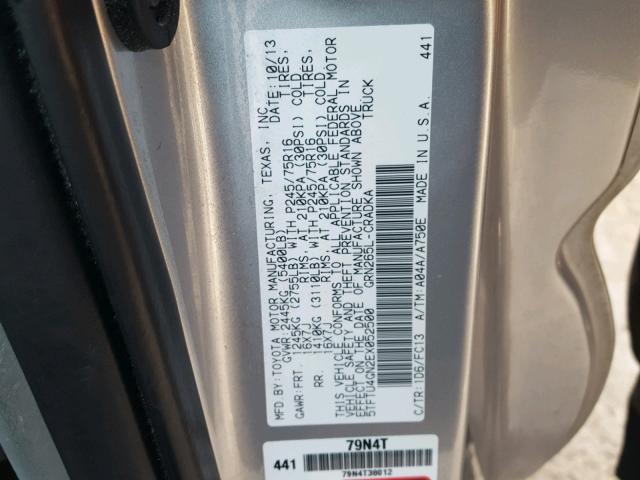 5TFTU4GN2EX052500 - 2014 TOYOTA TACOMA PRE SILVER photo 10