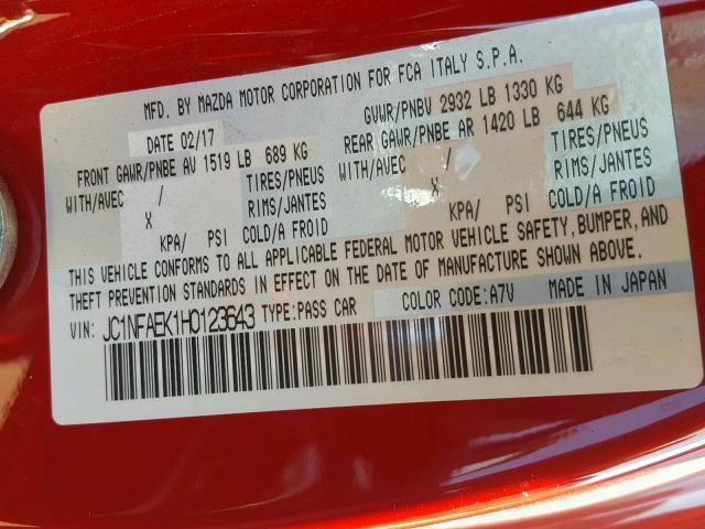 JC1NFAEK1H0123643 - 2017 FIAT 124 SPIDER RED photo 10