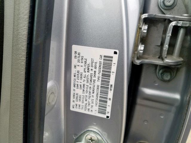 1HGCP26489A033660 - 2009 HONDA ACCORD LXP SILVER photo 10