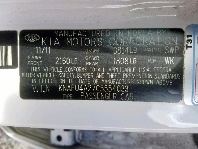 KNAFU4A27C5554033 - 2012 KIA FORTE EX WHITE photo 10