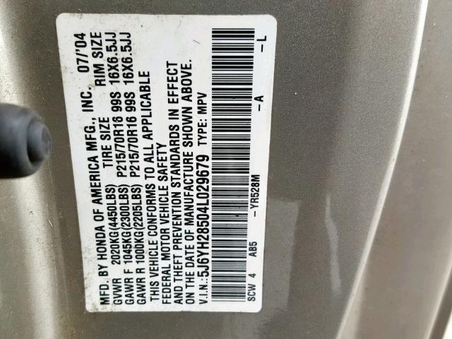 5J6YH28504L029679 - 2004 HONDA ELEMENT EX TAN photo 10