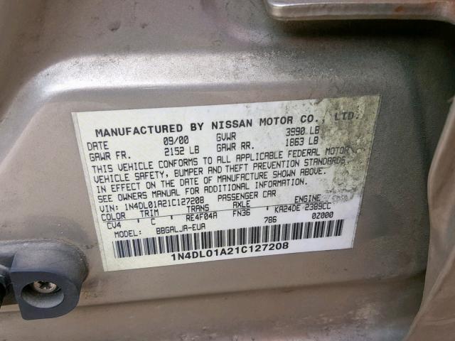 1N4DL01A21C127208 - 2001 NISSAN ALTIMA GXE TAN photo 10