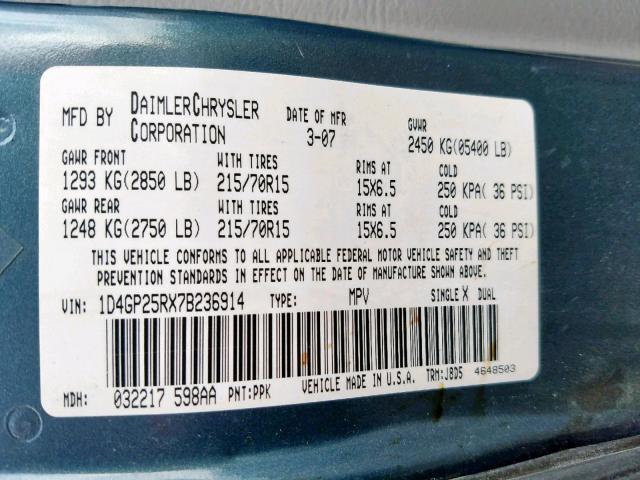 1D4GP25RX7B236914 - 2007 DODGE CARAVAN SE GREEN photo 10