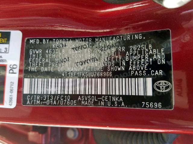 4T1BF1FK5HU768966 - 2017 TOYOTA CAMRY LE RED photo 10