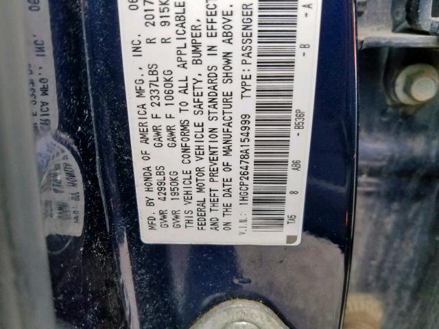 1HGCP26478A154999 - 2008 HONDA ACCORD LXP BLUE photo 10