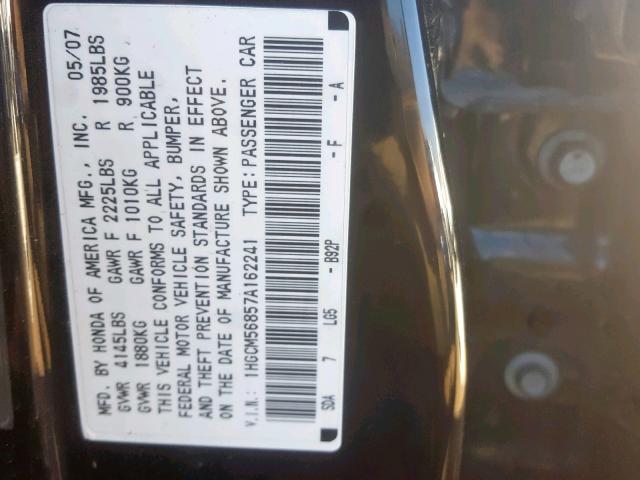 1HGCM56857A162241 - 2007 HONDA ACCORD EX BLACK photo 10