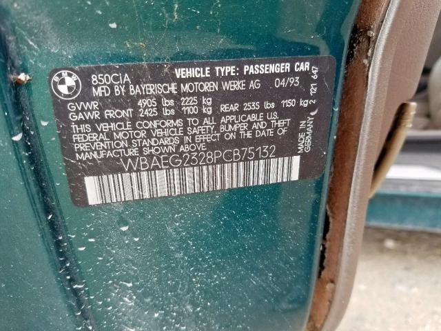 WBAEG2328PCB75132 - 1993 BMW 850 I AUTO GREEN photo 10