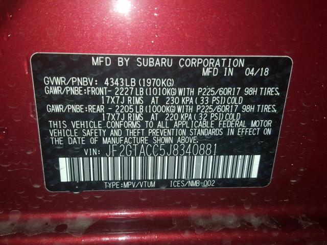 JF2GTACC5J8340881 - 2018 SUBARU CROSSTREK RED photo 10