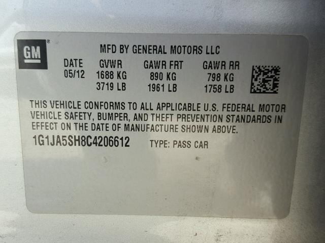 1G1JA5SH8C4206612 - 2012 CHEVROLET SONIC LS 银色 照片 10