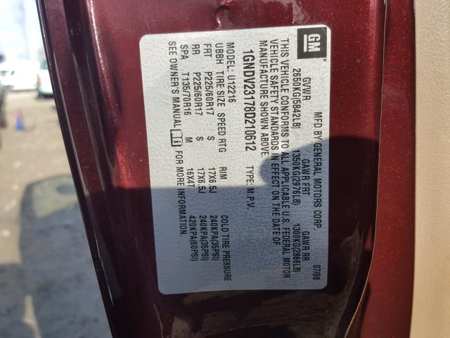 1GNDV23178D210612 - 2008 CHEVROLET UPLANDER L MAROON photo 10