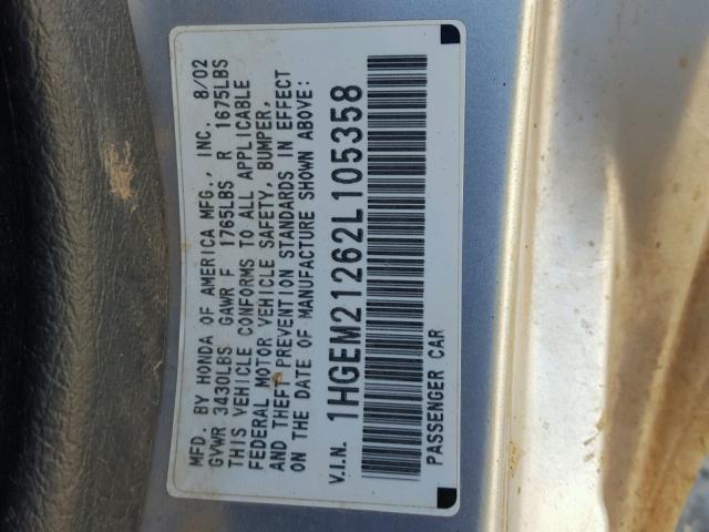 1HGEM21262L105358 - 2002 HONDA CIVIC DX SILVER photo 10