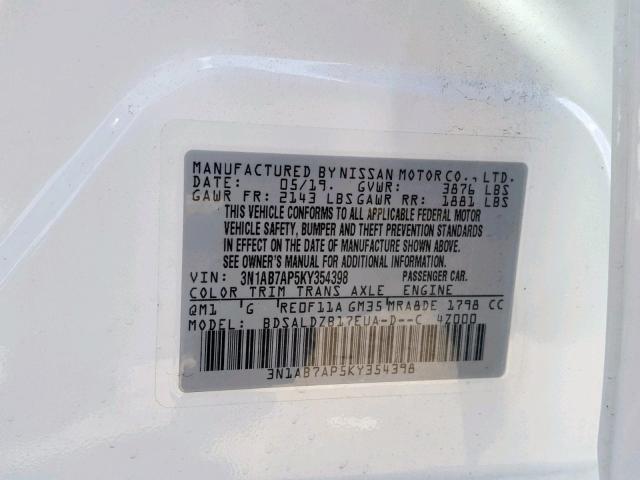 3N1AB7AP5KY354398 - 2019 NISSAN SENTRA S WHITE photo 10