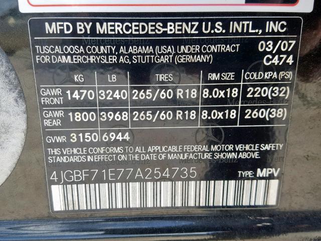 4JGBF71E77A254735 - 2007 MERCEDES-BENZ GL 450 4MA BLACK photo 10