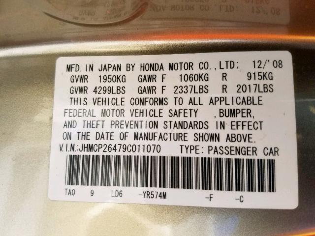 JHMCP26479C011070 - 2009 HONDA ACCORD LXP GOLD photo 10