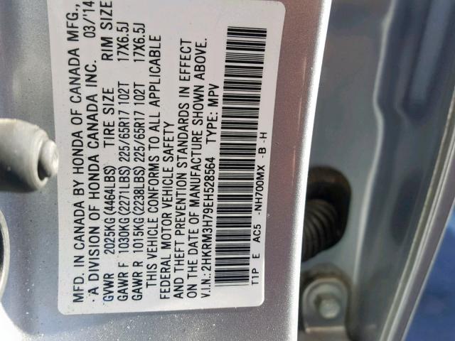 2HKRM3H79EH528564 - 2014 HONDA CR-V EXL SILVER photo 10