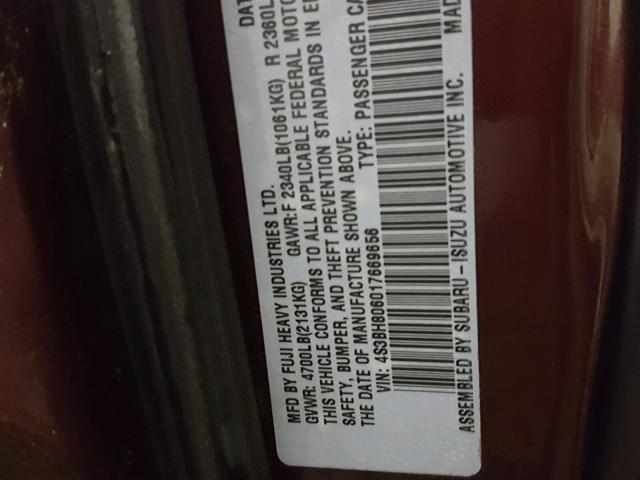 4S3BH806017669656 - 2001 SUBARU LEGACY OUT MAROON photo 10