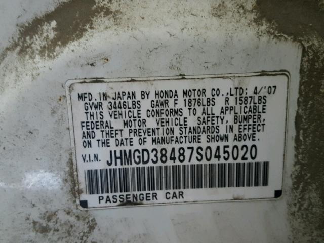 JHMGD38487S045020 - 2007 HONDA FIT WHITE photo 10