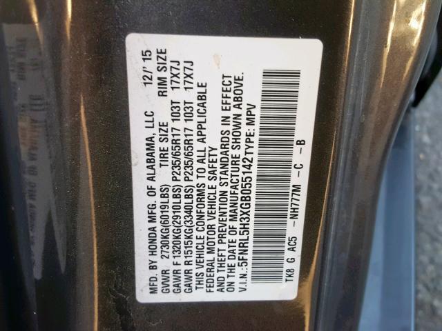 5FNRL5H3XGB055142 - 2016 HONDA ODYSSEY SE CHARCOAL photo 10